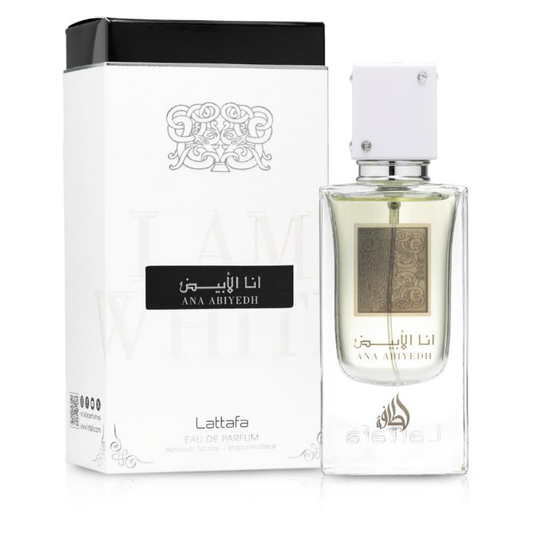 Lattafa Ana Abiyedh perfume with luxury packaging – clear glass bottle and stylish white box with Arabic calligraphy, unisex niche fragrance. Clone / dupe of / inspired by Xerjoff - Erba Pura perfume.