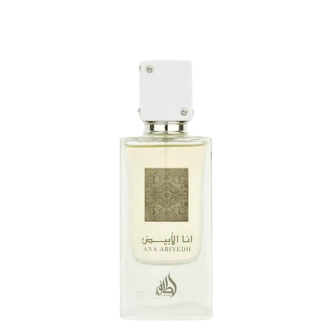 Lattafa Ana Abiyedh Eau de Parfum – elegant unisex fragrance in a clear glass bottle with white jeweled cap, featuring intricate gold label design. A glass bottle of Ana Abiyedh perfume by Lattafa with a white cap and a label featuring geometric patterns. 