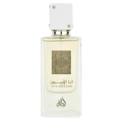 Lattafa Ana Abiyedh Eau de Parfum – elegant unisex fragrance in a clear glass bottle with white jeweled cap, featuring intricate gold label design. A glass bottle of Ana Abiyedh perfume by Lattafa with a white cap and a label featuring geometric patterns. Clone / dupe of / inspired by Xerjoff - Erba Pura perfume.