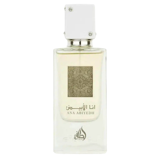 Lattafa Ana Abiyedh Eau de Parfum – elegant unisex fragrance in a clear glass bottle with white jeweled cap, featuring intricate gold label design. A glass bottle of Ana Abiyedh perfume by Lattafa with a white cap and a label featuring geometric patterns. Clone / dupe of / inspired by Xerjoff - Erba Pura perfume.