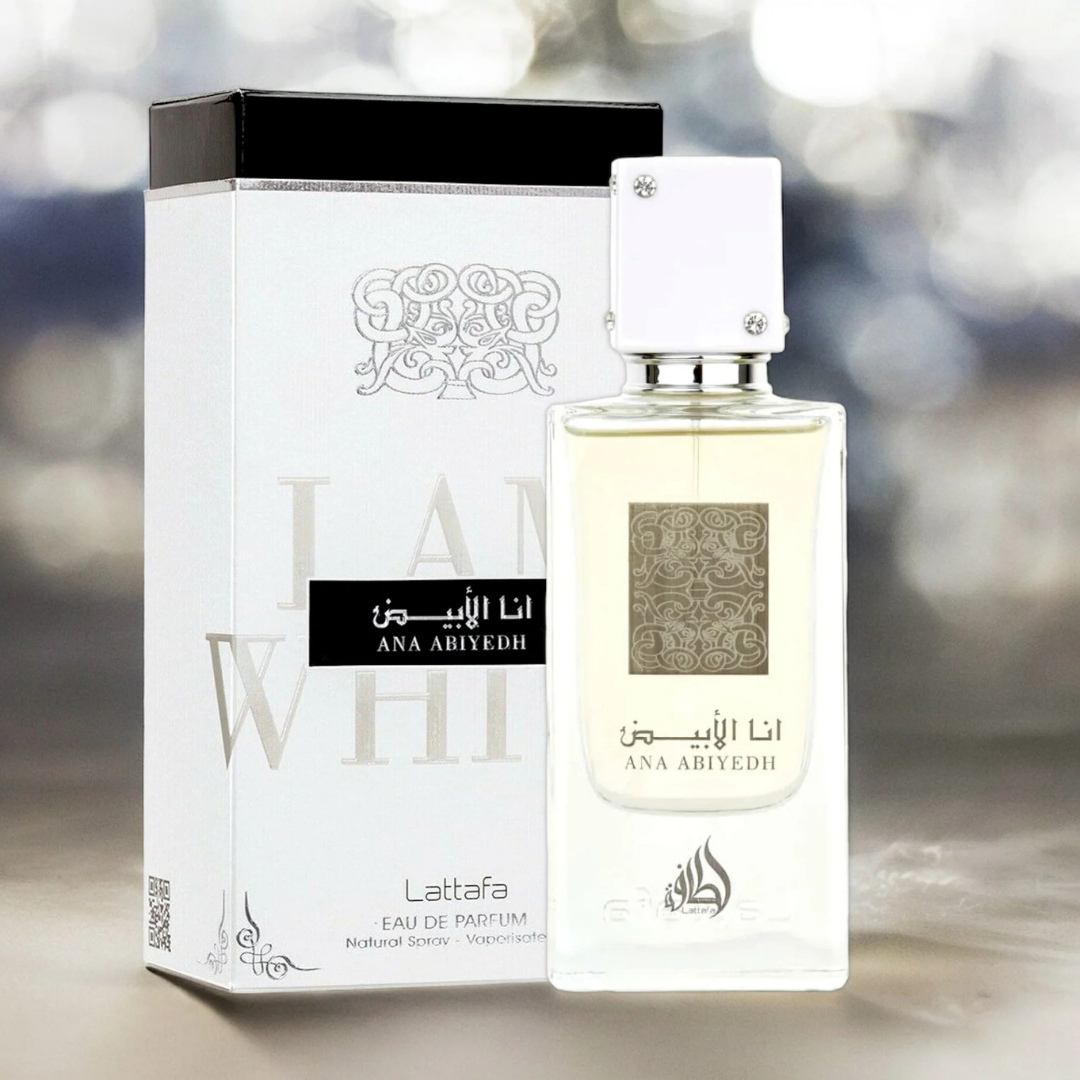 Ana Abiyedh by Lattafa – sophisticated unisex perfume bottle with white jewel-studded cap and premium packaging, perfect for luxury fragrance lovers. 