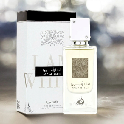 Ana Abiyedh by Lattafa – sophisticated unisex perfume bottle with white jewel-studded cap and premium packaging, perfect for luxury fragrance lovers. Clone / dupe of / inspired by Xerjoff - Erba Pura perfume.