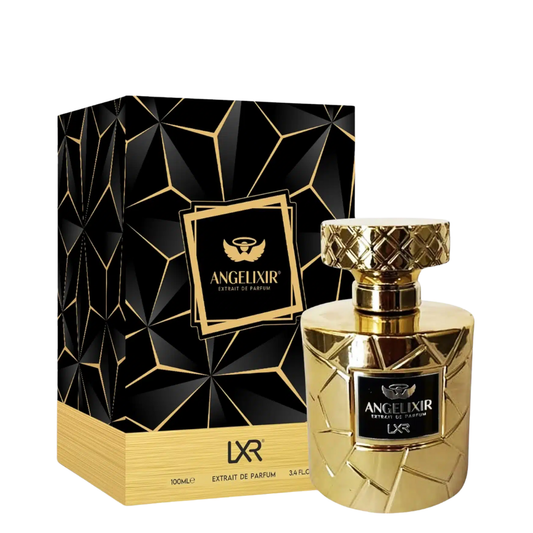 Gold Angelixir perfume bottle and packaging on a white background. By LXR perfumes.