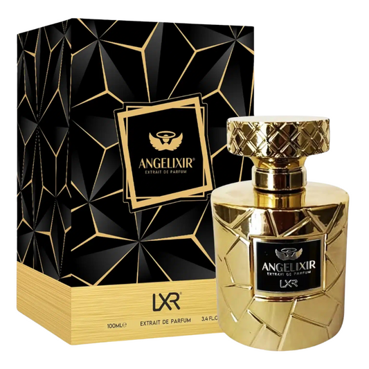 Gold Angelixir perfume bottle and packaging on a white background. By LXR perfumes.