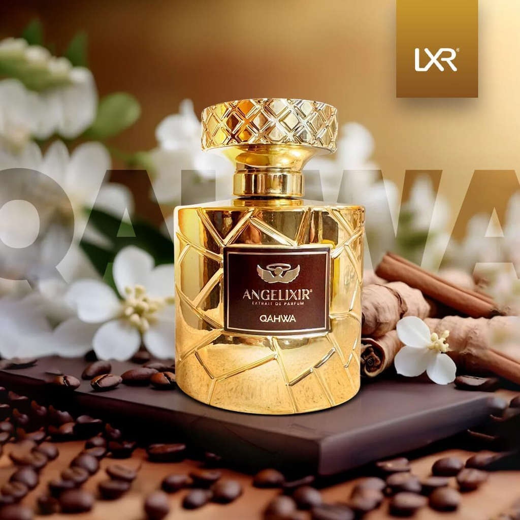 Gold Angelixir Qahwa perfume bottle with flowers and cinnamon sticks on a brown surface, featuring the LXR brand.