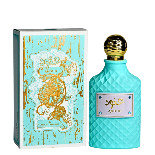 Turquoise perfume bottle with gold accents and decorative packaging on a white background. Anoud by Ard Al Zaafaran Unisex Perfume