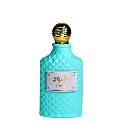 Turquoise perfume bottle with gold cap on a white background. Anoud by Ard Al Zaafaran Unisex Perfume