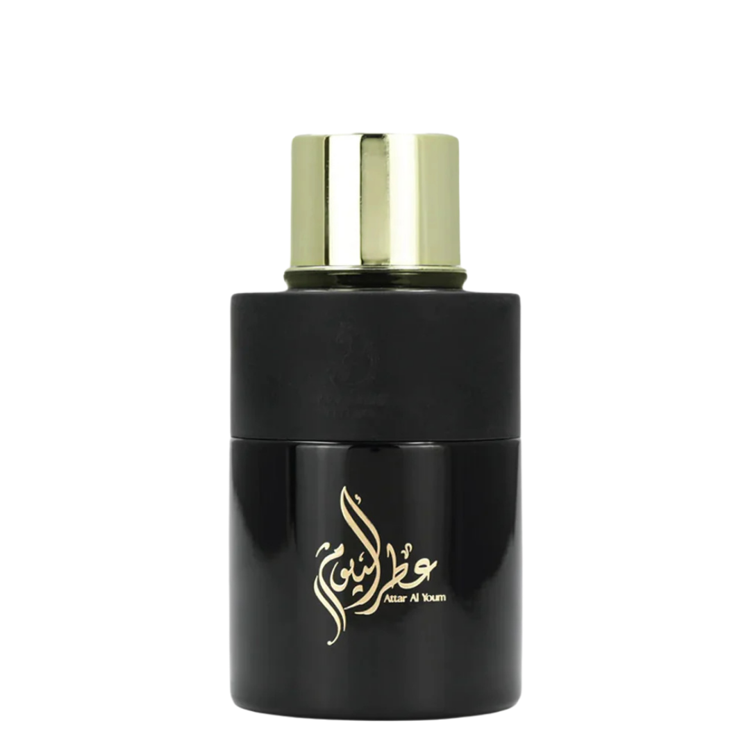 Attar Al Youm Eau de Parfum 100ml by Arabiyat Prestige – black and gold unisex fragrance bottle with Arabic calligraphy. 