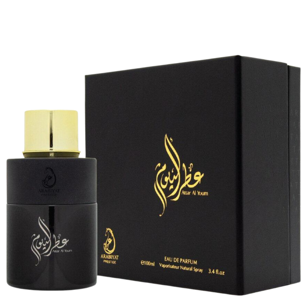 Attar Al Youm 100ml perfume by Arabiyat Prestige – elegant unisex EDP with luxury black and gold packaging. 
