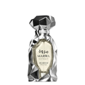 A faceted silver perfume bottle with a geometric cap, containing a pale yellow liquid. The front label reads 'MARWA EXTRAIT ARABIYAT PRESTIGE' in black text.