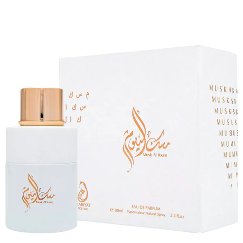Musk Al Youm 100ml unisex fragrance by Arabiyat – Eau de Parfum with sleek white packaging and rose gold accents. 