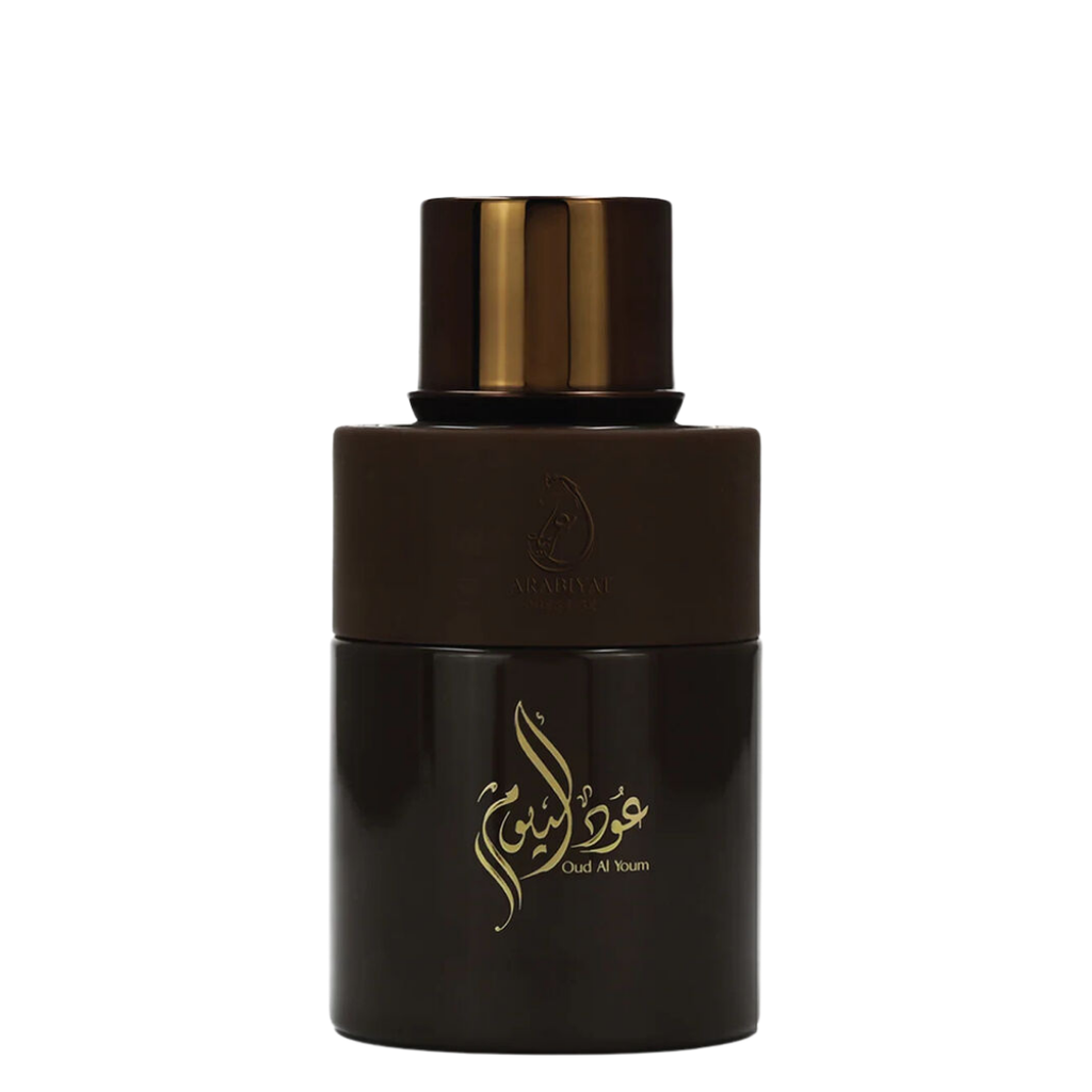 Oud Al Youm Eau de Parfum 100ml by Arabiyat Prestige – dark brown and gold Arabian oud fragrance bottle. 