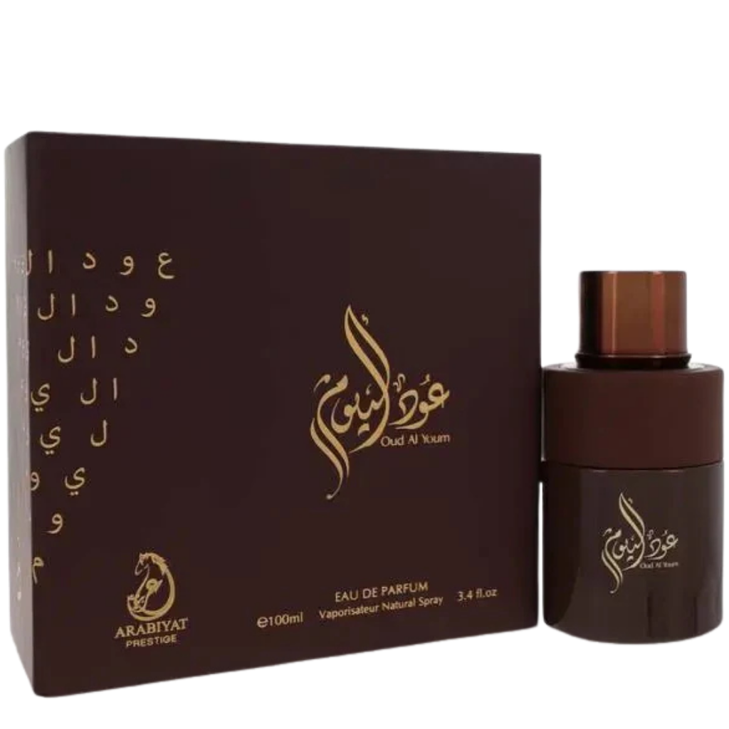Arabiyat Prestige Oud Al Youm Eau de Parfum 100ml – prestige oud fragrance with deep brown box and gold foil design. 