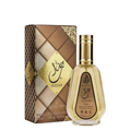 Jazzab Eau de Parfum natural scent 50ml bottle with a gold cap next to its brown and gold patterned packaging box, on a white background.
