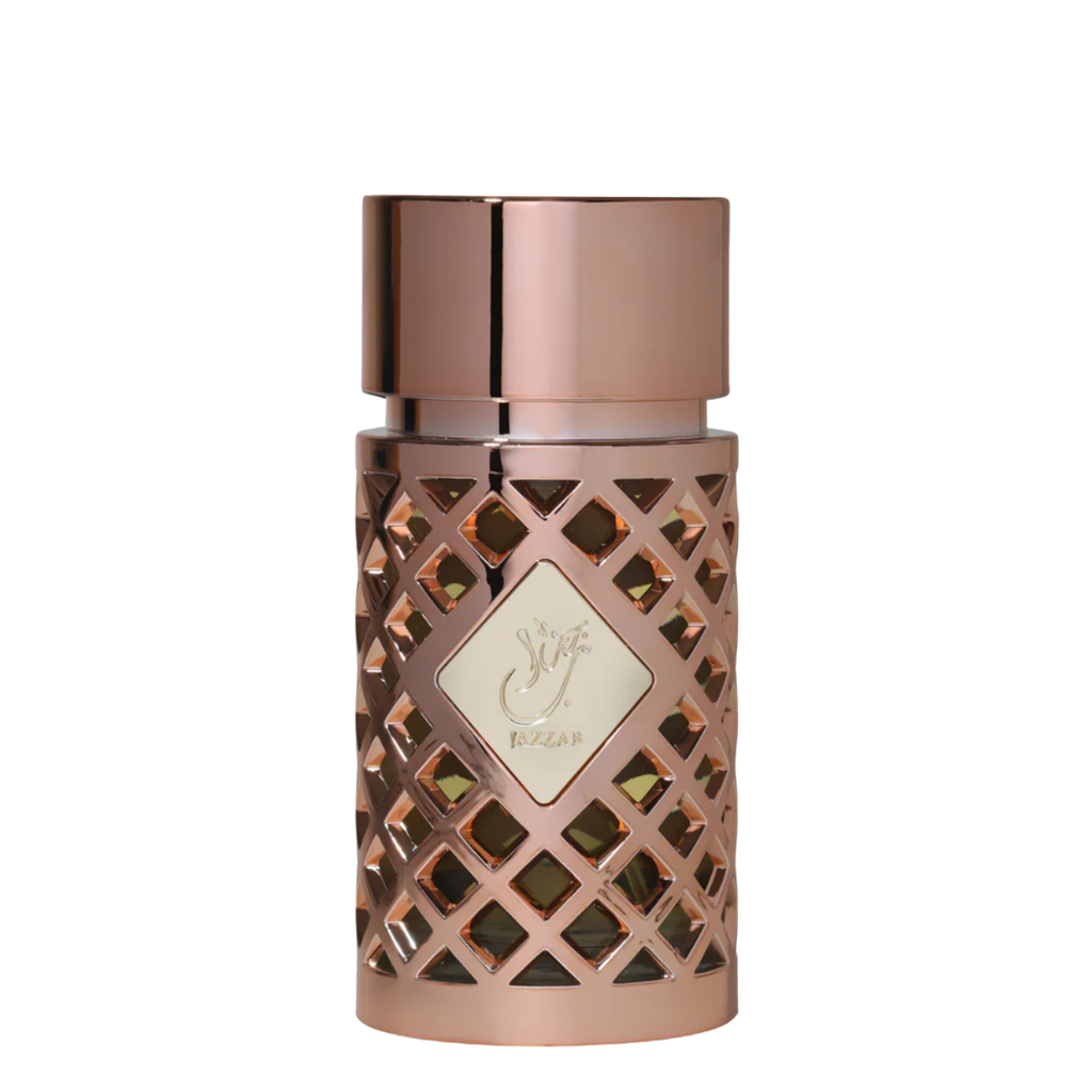 A bottle of luxury perfumes Jazzab Gold Perfume by Ard Al Zaafaran with a pink and gold color scheme, featuring a geometric pattern on the surface. Jazzab Eau de Parfum women's fragrance – premium gold lattice perfume bottle with Arabic calligraphy label, 100ml.