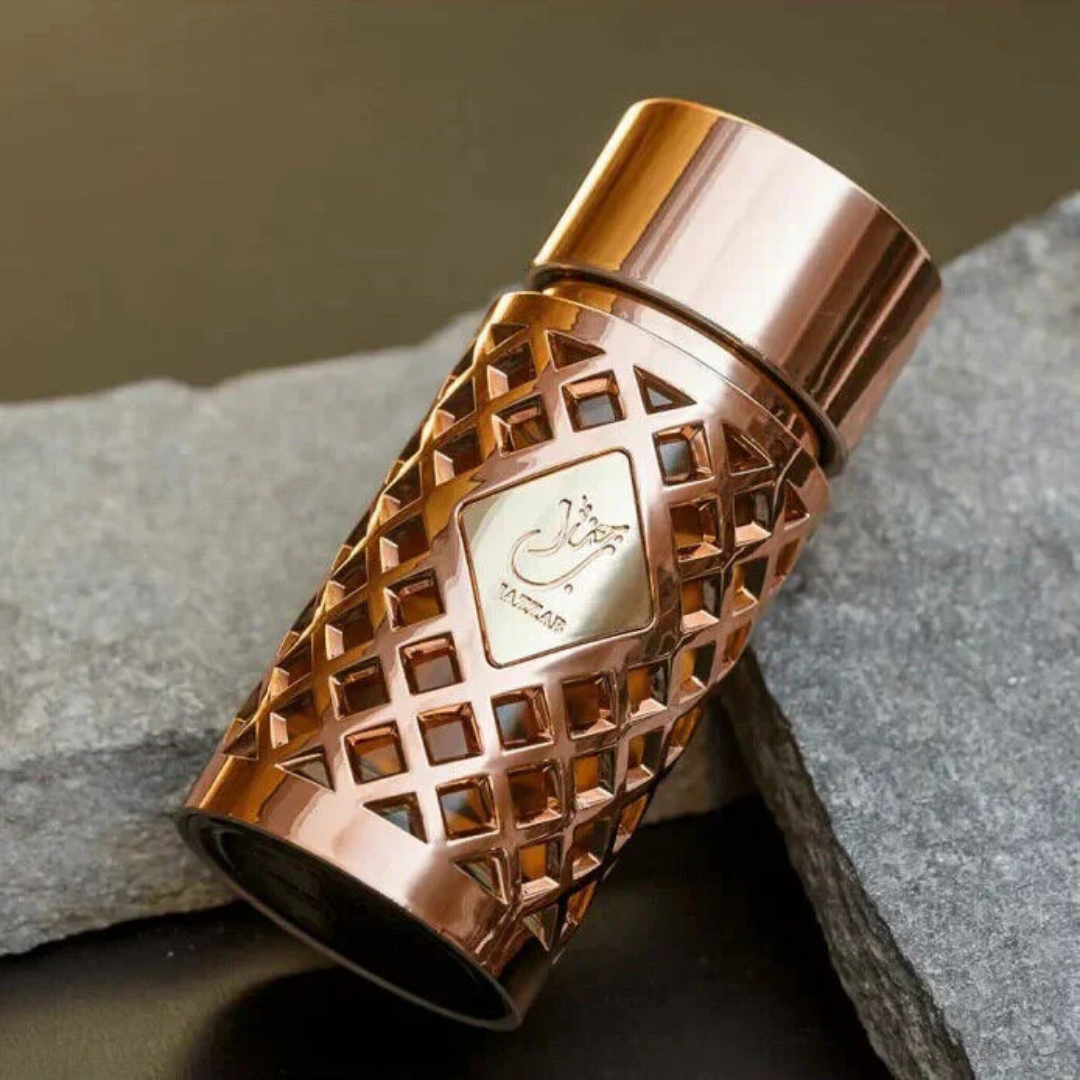 Side view of Jazzab Eau de Parfum gold lattice perfume bottle, 100ml women's fragrance.