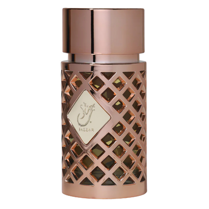 Side view of Jazzab Eau de Parfum gold lattice perfume bottle, 100ml women's fragrance.