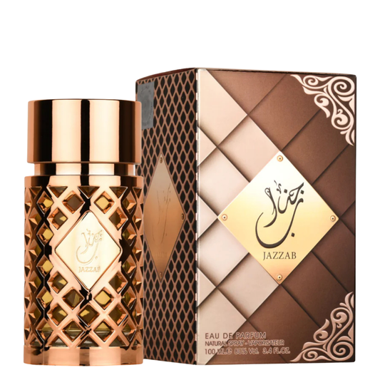A Jazzab Gold Arabian perfumes bottle with a gold-colored cap and a diamond-patterned design on the perfume box, alongside a label with the product name and brand. Jazzab Eau de Parfum women perfumes by Ard Al Zaafaran β luxury 100ml fragrance in gold lattice bottle with elegant brown packaging.