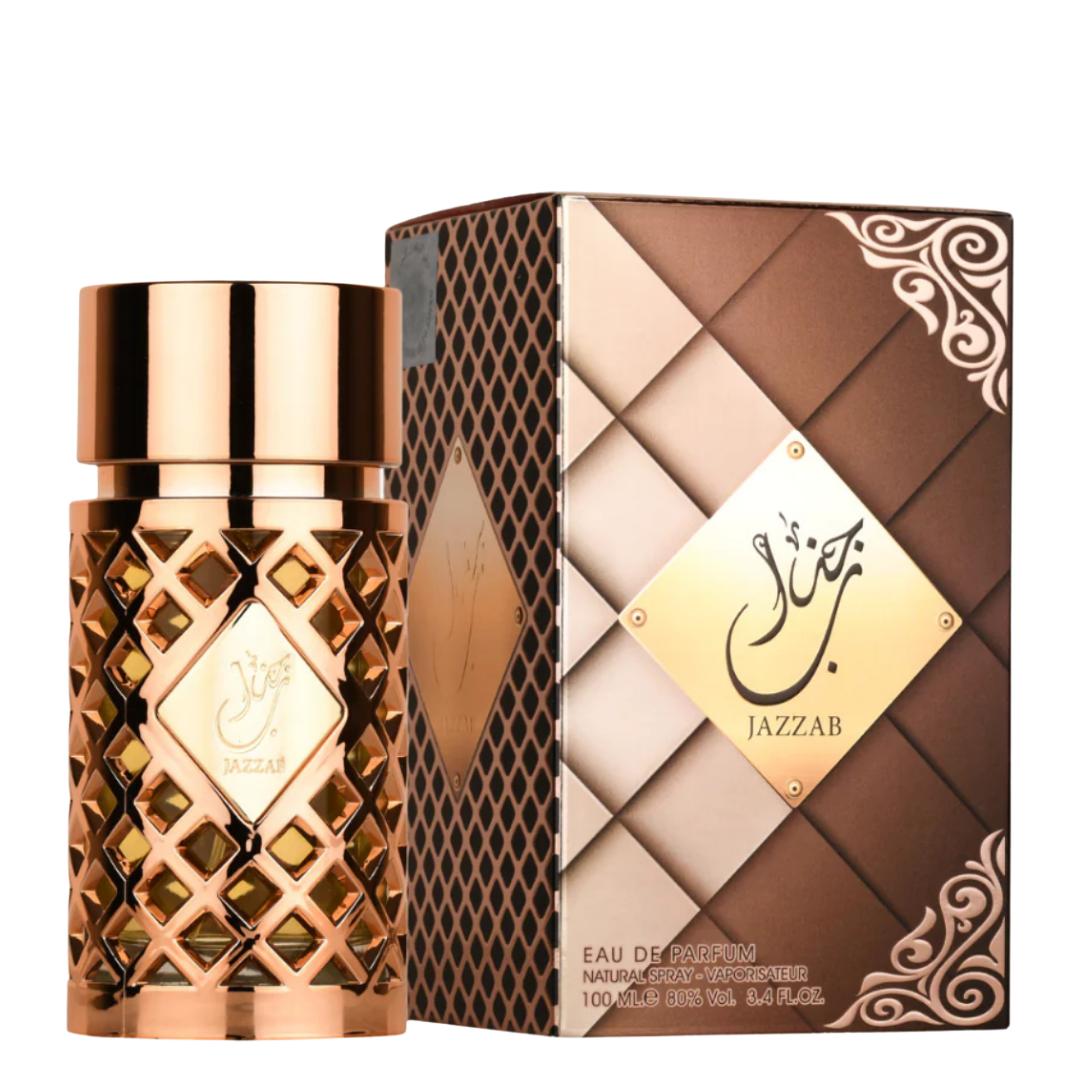 A Jazzab Gold Arabian perfumes bottle with a gold-colored cap and a diamond-patterned design on the perfume box, alongside a label with the product name and brand. Jazzab Eau de Parfum women perfumes	by Ard Al Zaafaran – luxury 100ml fragrance in gold lattice bottle with elegant brown packaging.