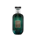 Mousuf Ramadi Eau de Parfum bottle – luxury Arabian fragrance in an elegant emerald green glass bottle with silver cap, offering a sophisticated woody and musky scent for men and women. A green glass perfume bottle with a black cap and a label displaying 'Mousuf Ramadi' by Ard Al Zaafaran. 