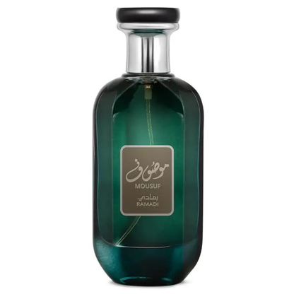 Mousuf Ramadi Eau de Parfum bottle – luxury Arabian fragrance in an elegant emerald green glass bottle with silver cap, offering a sophisticated woody and musky scent for men and women. A green glass perfume bottle with a black cap and a label displaying 'Mousuf Ramadi' by Ard Al Zaafaran. Clone / dupe of / inspired by Jean Paul Gaultier - Ultra Male perfume.