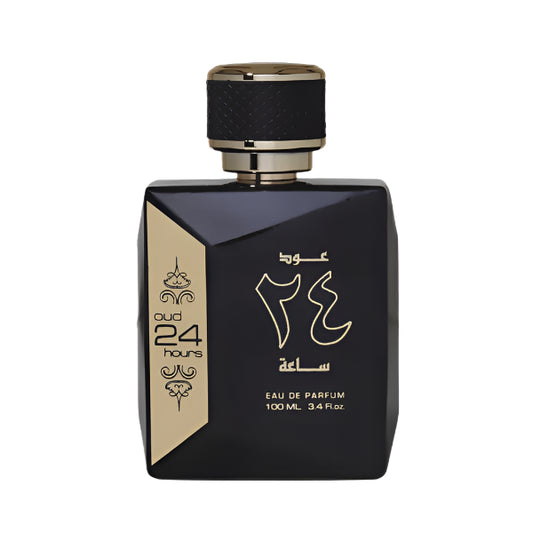 A black perfume bottle with gold accents, labeled with Arabic script, indicating it is a 100ml Eau de Parfum by Ard Al Zaafaran. Oud 24 Hours Eau de Parfum 100ml – luxurious Arabian fragrance in a sleek black and gold bottle, perfect for men and women who love long-lasting oud perfumes. Clone / dupe of / inspired by Tom Ford - Black Orchid perfume.