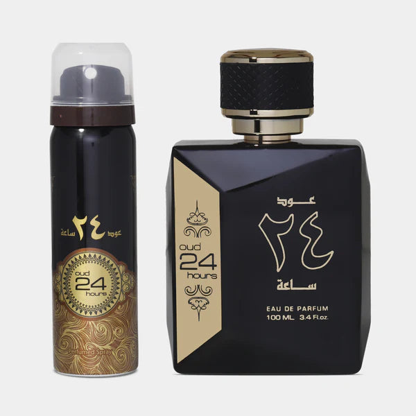 Ard Al Zaafaran Oud 24 Hours perfume and body spray gift set – premium Arabian oud fragrance with rich, long-lasting scent for men and women. Clone / dupe of / inspired by Tom Ford - Black Orchid perfume.