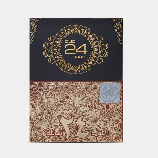 Ard Al Zaafaran Oud 24 Hours perfume box – intricate black and gold Arabic design for a premium oud fragrance experience, ideal for gifting. Clone / dupe of / inspired by Tom Ford - Black Orchid perfume.