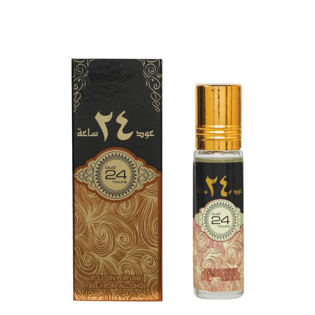 A 10ml roll-on perfume bottle with a gold cap stands next to its black and gold packaging box, featuring Arabic calligraphy and a '24 Hours' label.