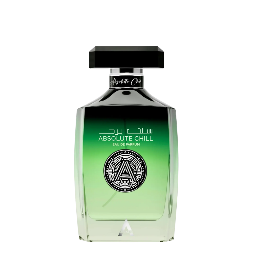 A bottle of Absolute Chill Eau de Parfum by Atralia, featuring a green gradient liquid inside a clear glass bottle with a black cap, set against a plain white background.