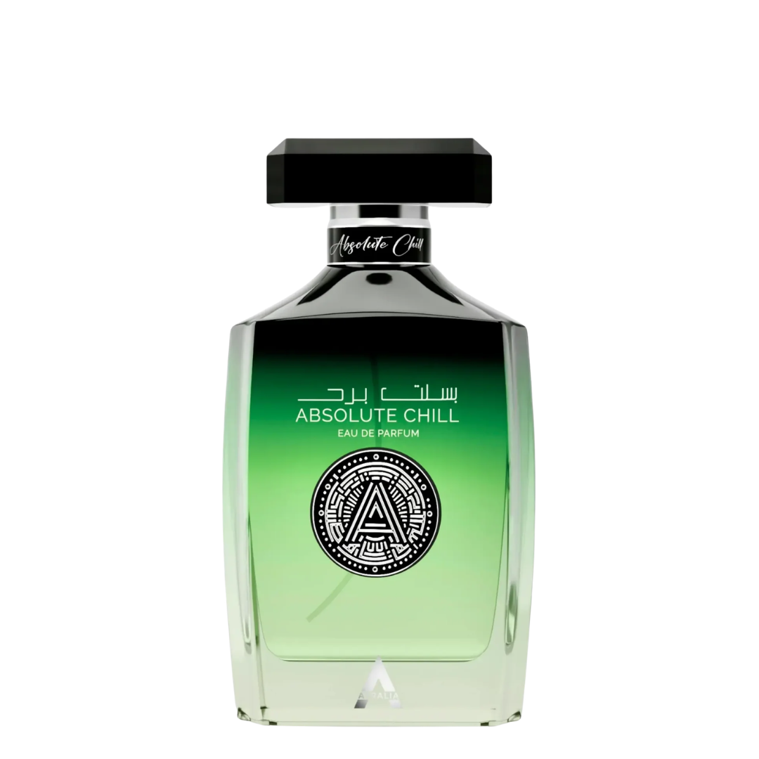 A bottle of Absolute Chill Eau de Parfum by Atralia, featuring a green gradient liquid inside a clear glass bottle with a black cap, set against a plain white background.