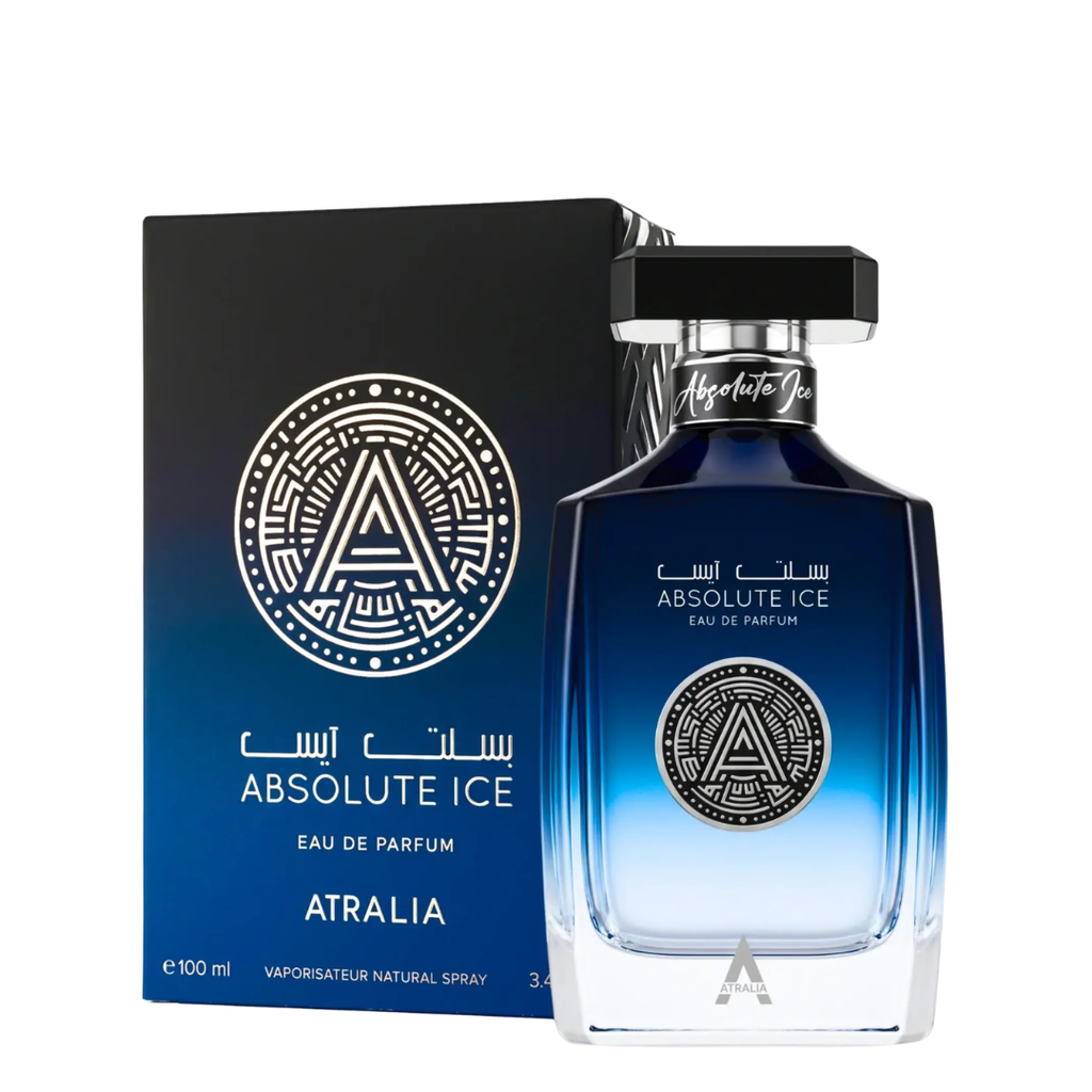 A bottle of Absolute Ice Eau De Parfum next to its black and blue gradient packaging box, featuring a prominent circular 'A' logo and the brand name Atralia.