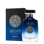 A bottle of Absolute Ice Eau De Parfum next to its black and blue gradient packaging box, featuring a prominent circular 'A' logo and the brand name Atralia.