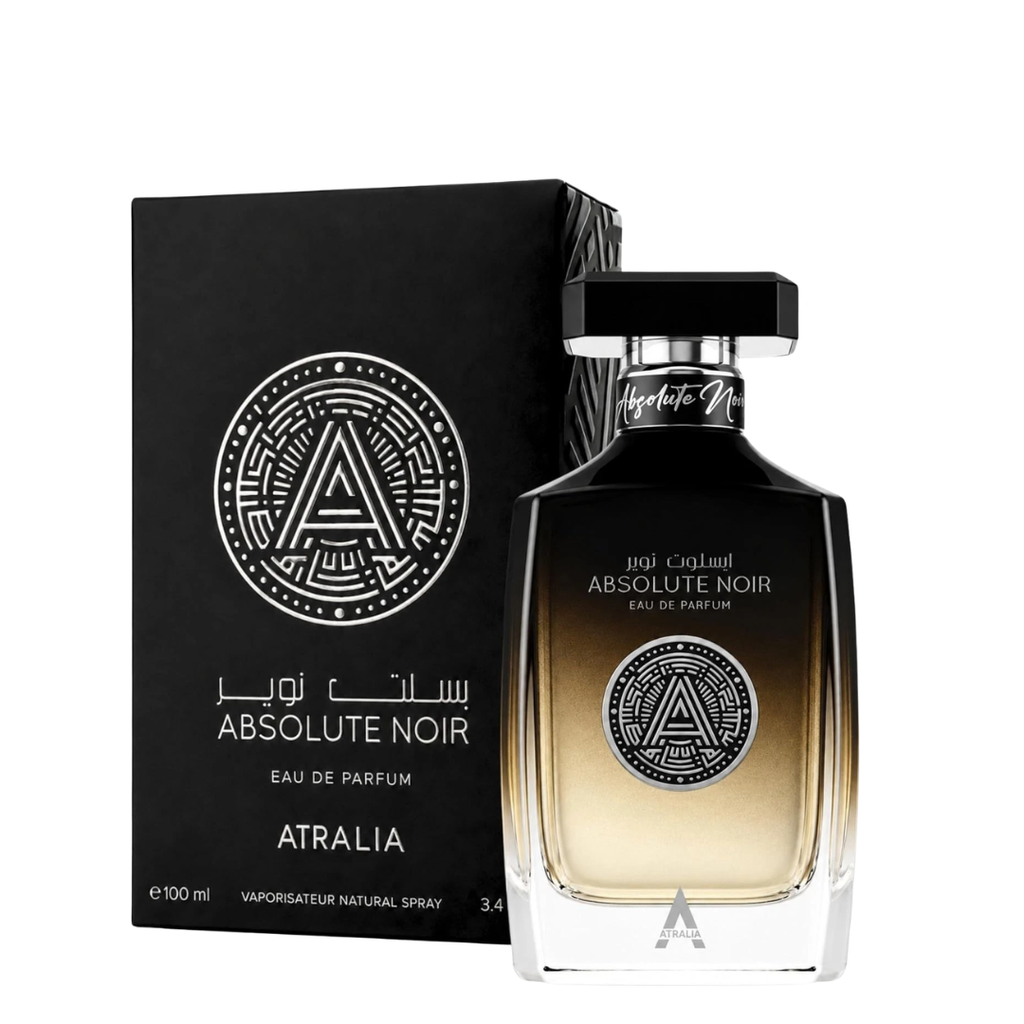 A bottle of Atralia Absolute Noir Eau de Parfum with its black packaging box, displayed on a clean white background.