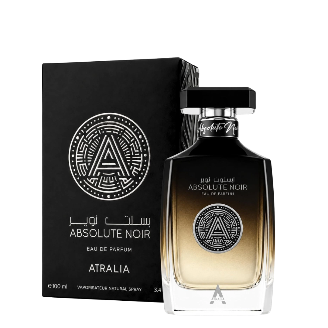 A bottle of Atralia Absolute Noir Eau de Parfum with its black packaging box, displayed on a clean white background.