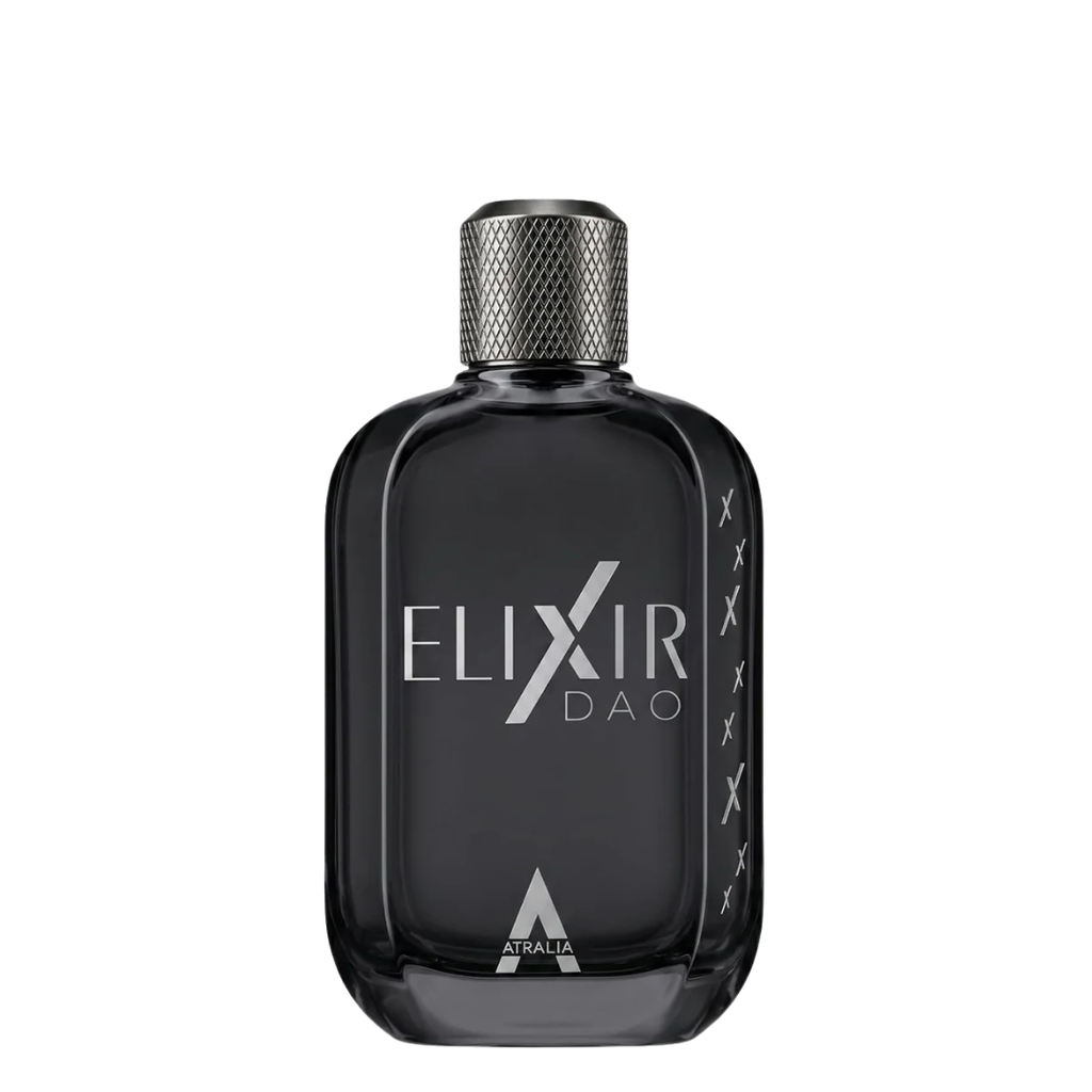 A dark charcoal gray glass bottle of Atralia Elixir DAO fragrance, featuring a textured metallic silver cap and silver lettering on the front, set against a plain white background.
