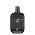 A dark charcoal gray glass bottle of Atralia Elixir DAO fragrance, featuring a textured metallic silver cap and silver lettering on the front, set against a plain white background.