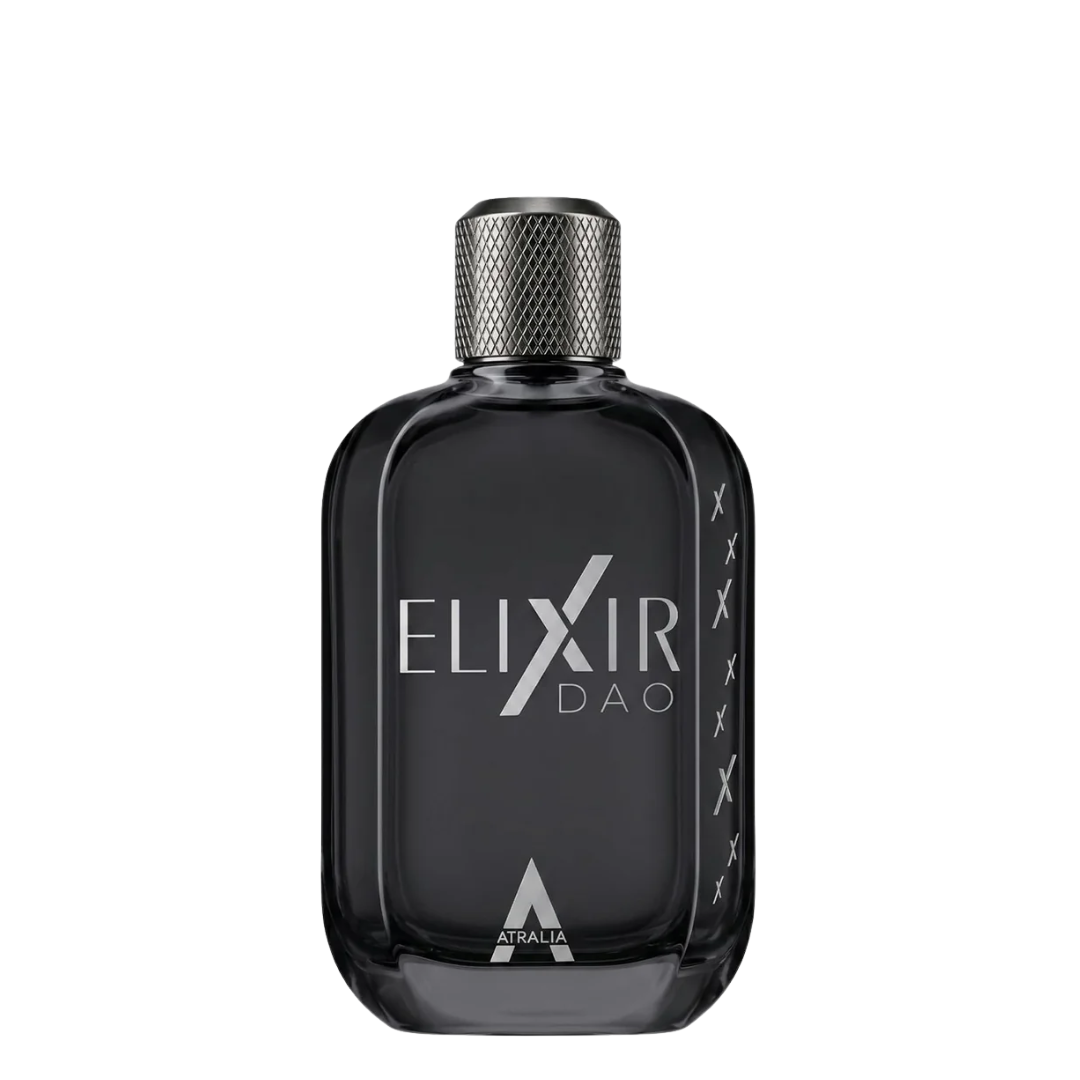 A dark charcoal gray glass bottle of Atralia Elixir DAO fragrance, featuring a textured metallic silver cap and silver lettering on the front, set against a plain white background.