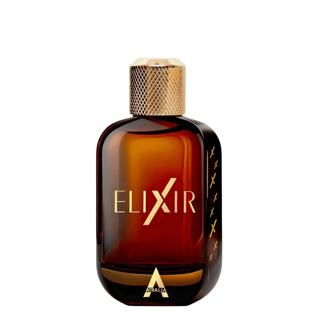 A bottle of Atralia Elixir fragrance, featuring a dark amber glass bottle with a textured gold cap and gold lettering on the front, set against a plain white background.