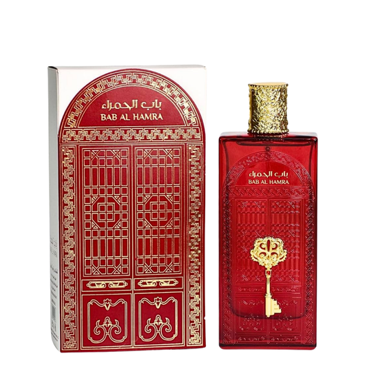 Red perfume bottle with gold accents and matching packaging labeled 'Bab Al Hamra' on a white background.