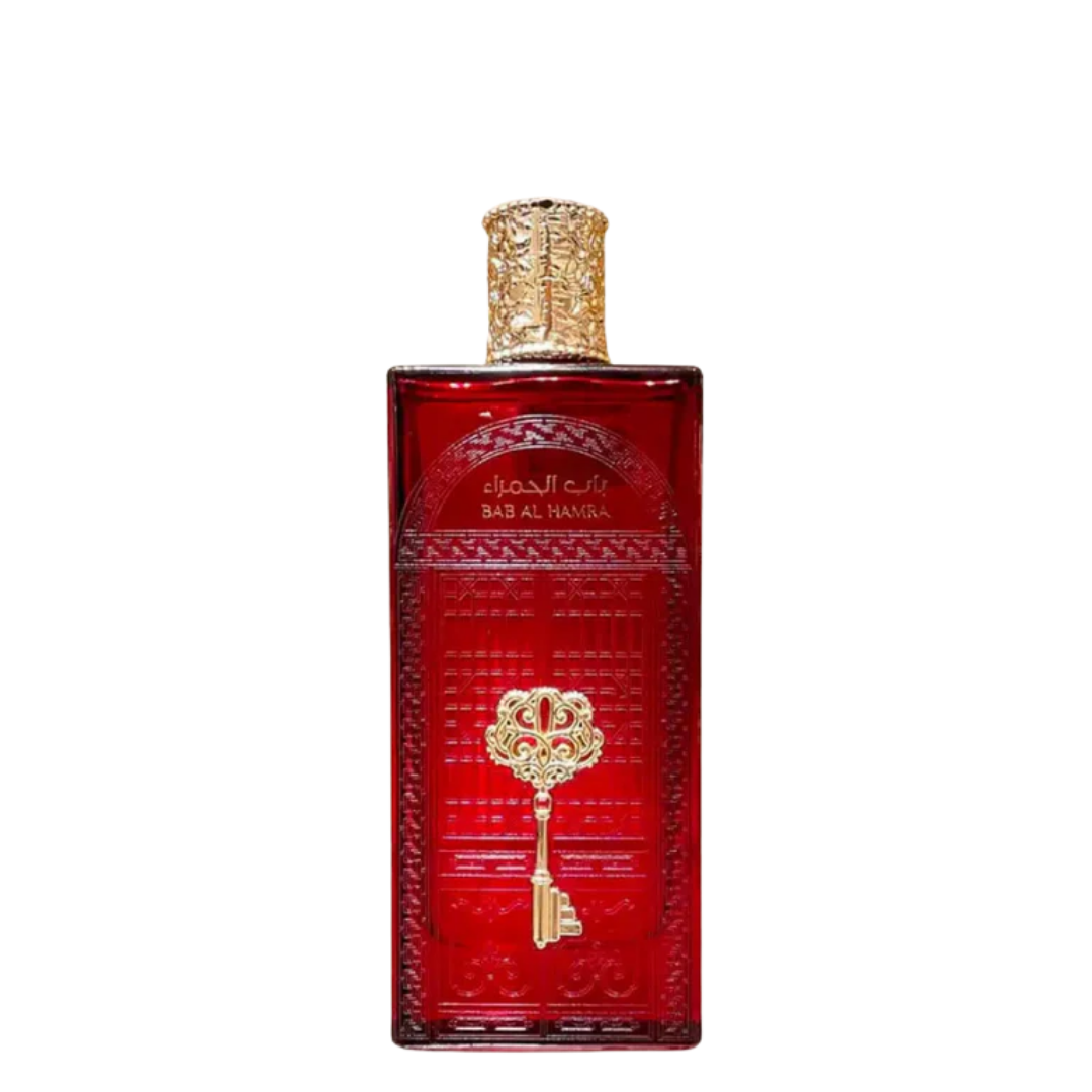 Red perfume bottle with gold accents on a white background. Bab Al Hamra by Ard Al Zaafaran Mens Perfume