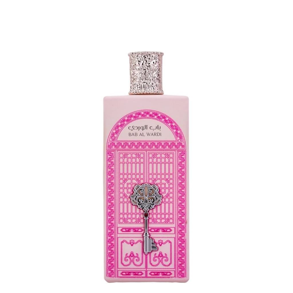 Perfume bottle with decorative design and 'BAB AL WARDI' text on a white background