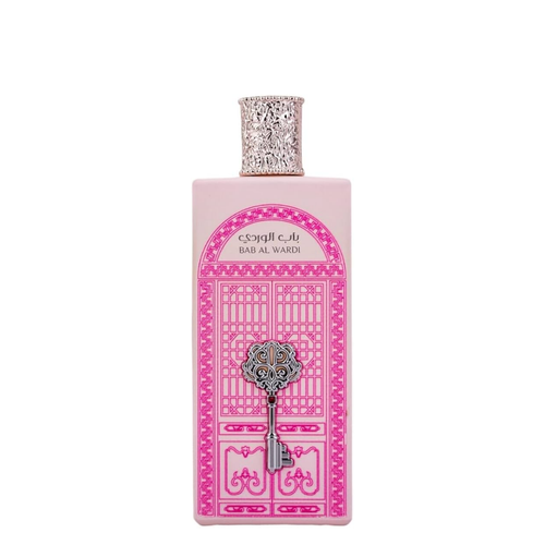 Perfume bottle with decorative design and 'BAB AL WARDI' text on a white background