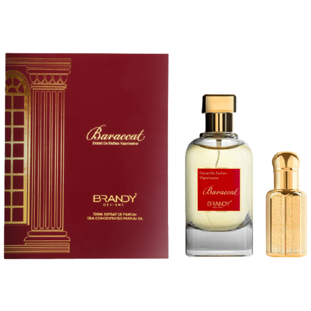 Brandy perfume set with red box and two bottles on a white background. Baraccat Giftset by Brandy Designs Unisex Perfume