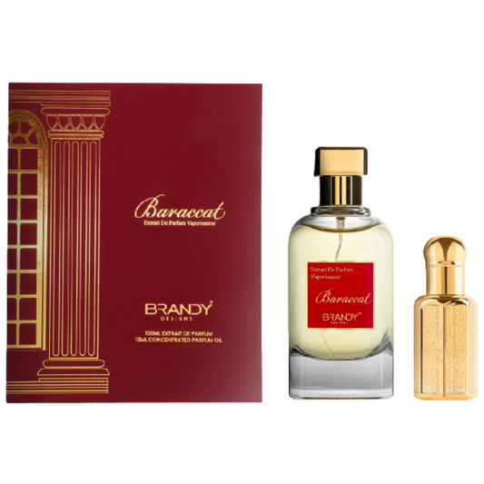 Brandy perfume set with red box and two bottles on a white background. Baraccat Giftset by Brandy Designs Unisex Perfume