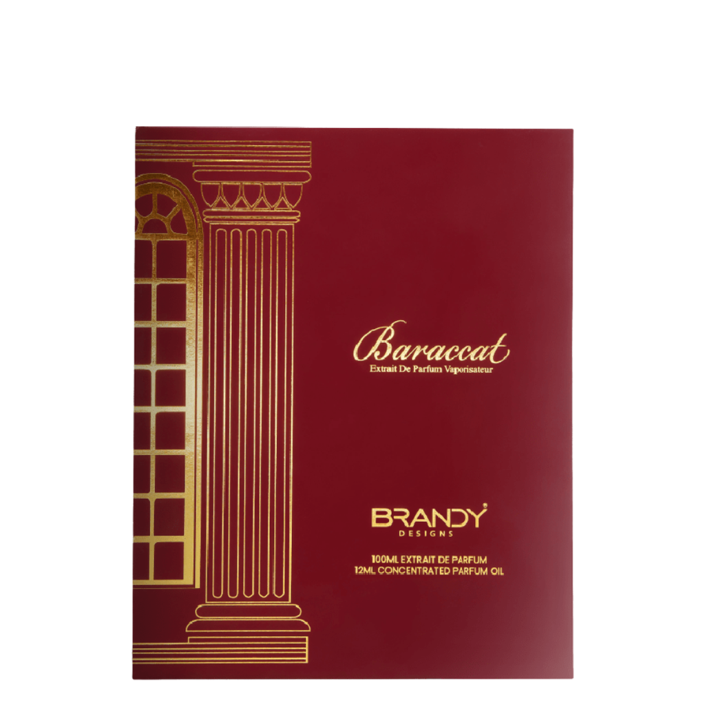 Red and gold packaging of Baraccat Brandy Designs perfume with classical column design. Baraccat Giftset by Brandy Designs Unisex Perfume
