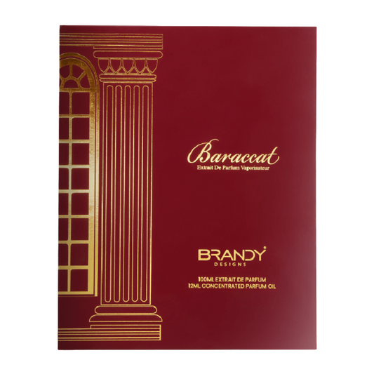 Red and gold packaging of Baraccat Brandy Designs perfume with classical column design. Baraccat Giftset by Brandy Designs Unisex Perfume