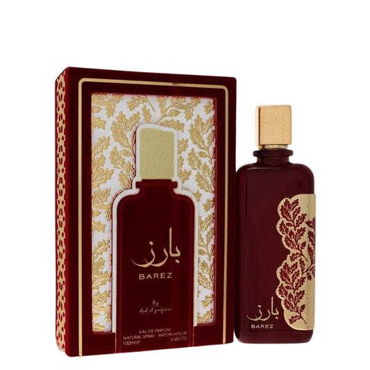 Barez perfume bottle and packaging on a white background. Barez by Ard Al Zaafaran Unisex Perfume