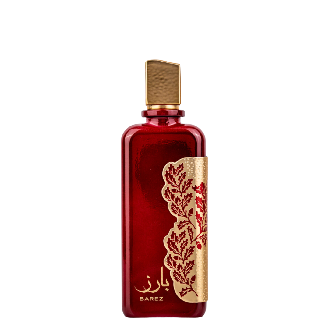 Red perfume bottle with gold accents and 'Barez' branding on a white background. Barez by Ard Al Zaafaran Unisex Perfume