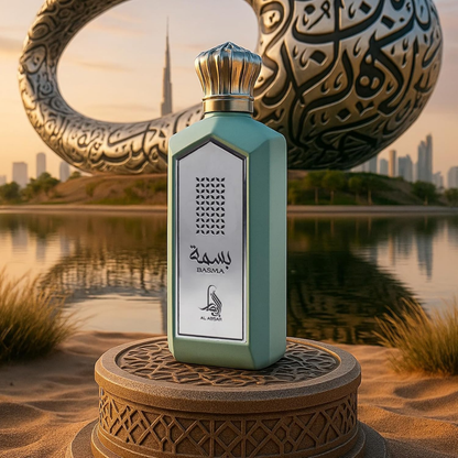 Perfume bottle with Arabic text on a decorative stand in a desert landscape with a lake and skyline. Basma by Al Absar Womens Perfume